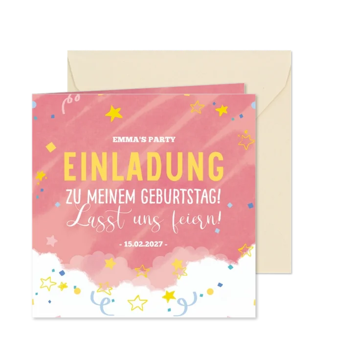 Einladung zum Kindergeburtstag mit Sternchen und Wölkchen