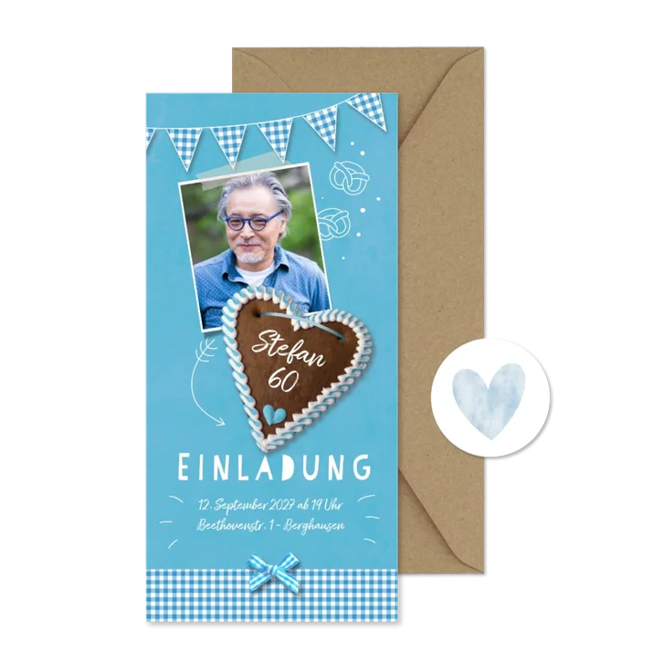 Einladung zum Oktoberfest blau Foto und Lebkuchenherz
