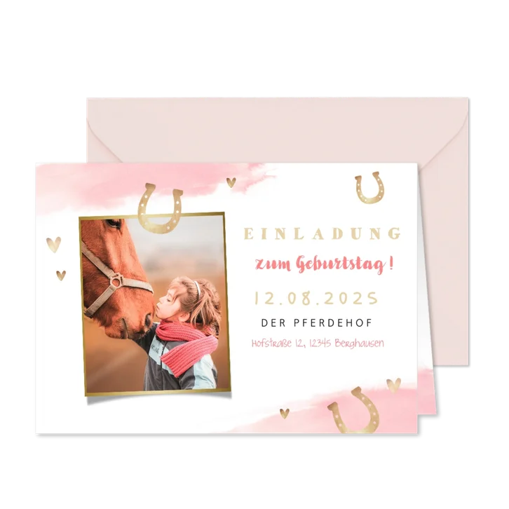 Einladung zum Pferdegeburtstag mit Foto und Hufeisen