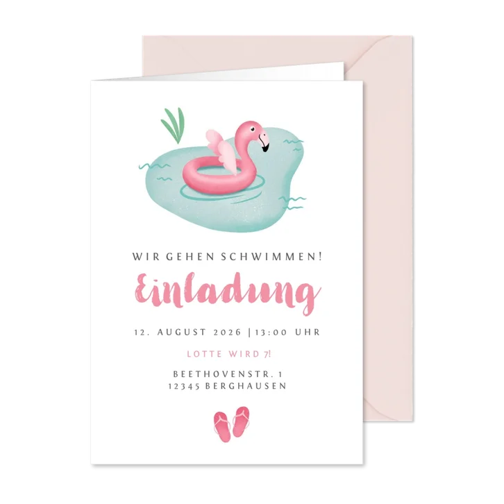 Einladung zum Schwimm-Kindergeburtstag Flamingo 7 Jahre