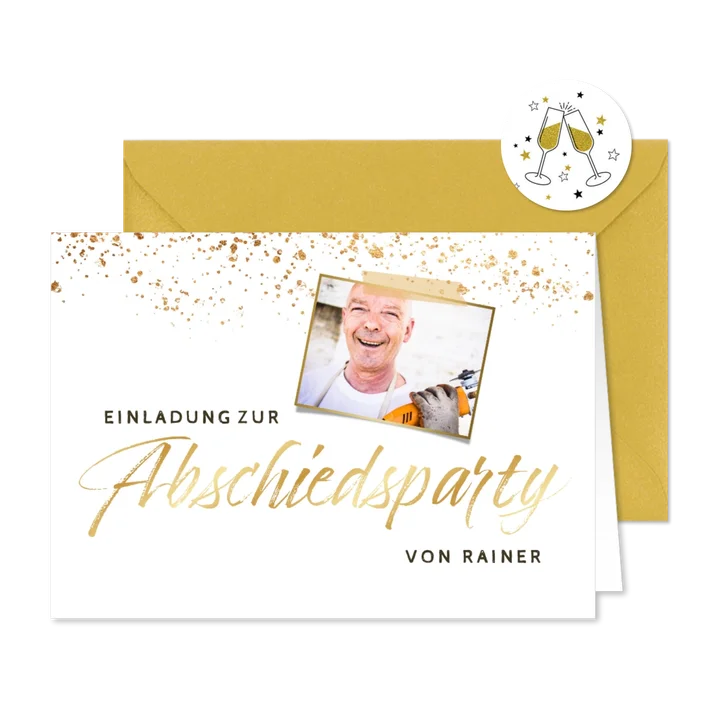 Einladung zur Abschiedsparty Foto & Goldkonfetti