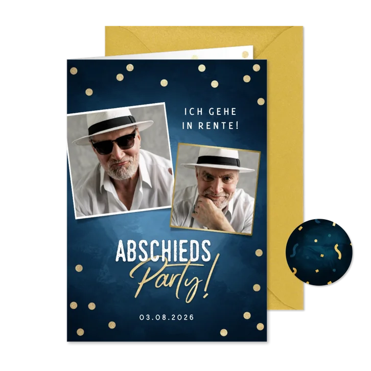Einladung zur Abschiedsparty Fotocollage blau
