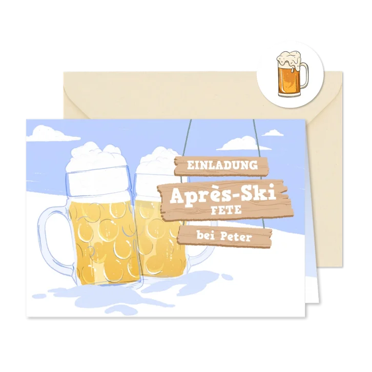 Einladung zur Après-Ski Fete mit Bierkrügen