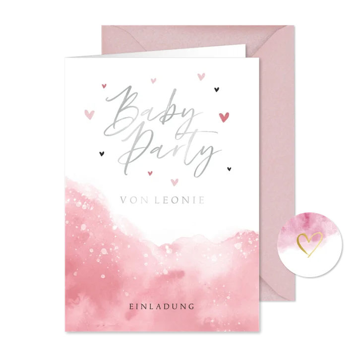Einladung zur Babyparty rosa Wasserfarbe