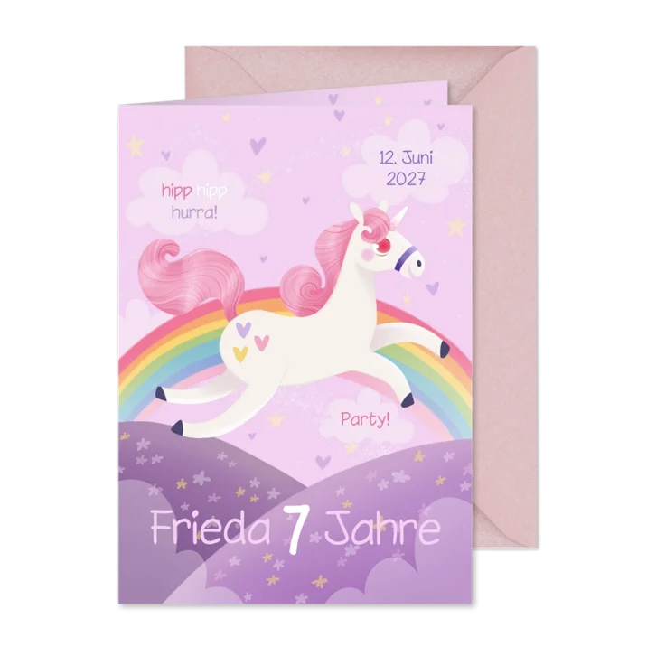 Einladung zur Einhorn-Kinderparty 7. Geburtstag