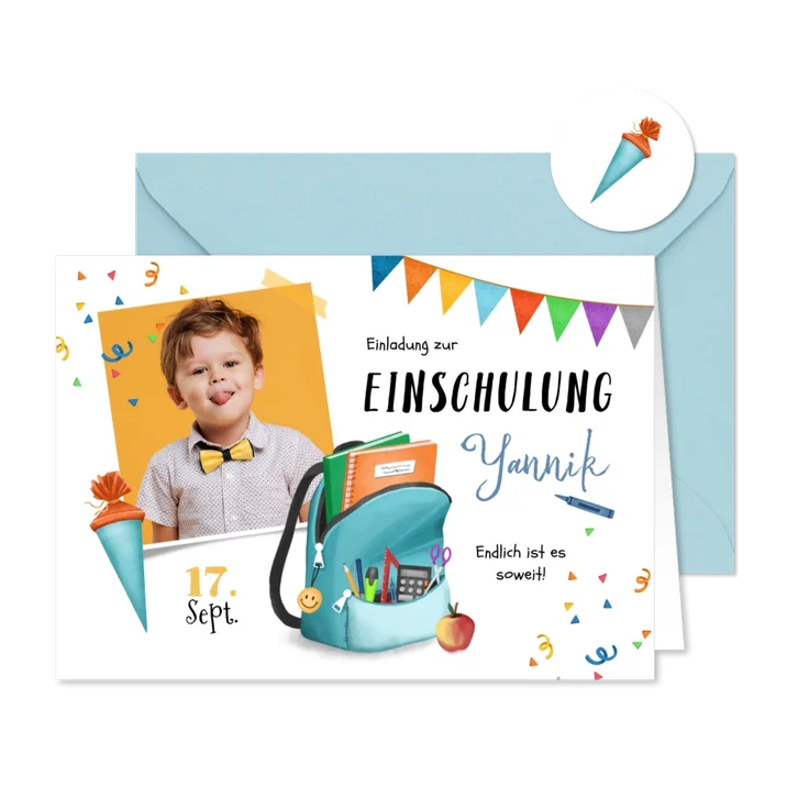 Einladung zur Einschulung blauer Rucksack & Foto