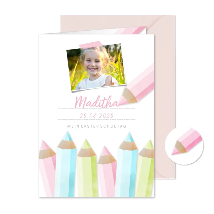 Einladung zur Einschulung Buntstifte rosa und eigenes Foto