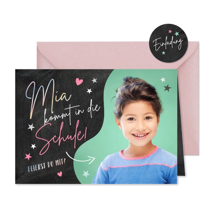 Einladung zur Einschulung Foto, Herzchen & Sterne