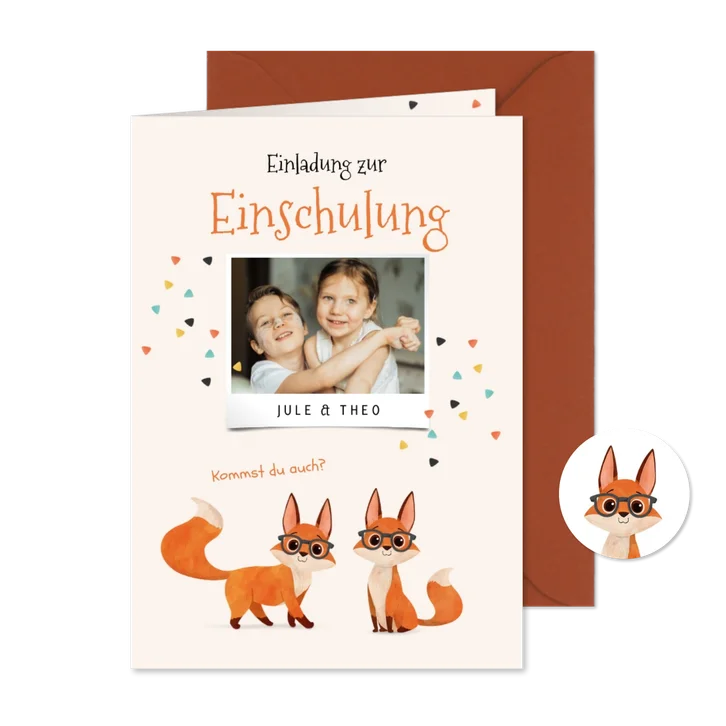 Einladung zur Einschulung Foto Zwillinge mit Füchsen