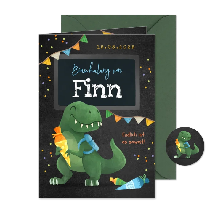 Einladung zur Einschulung lustiger T-Rex & Schultüte