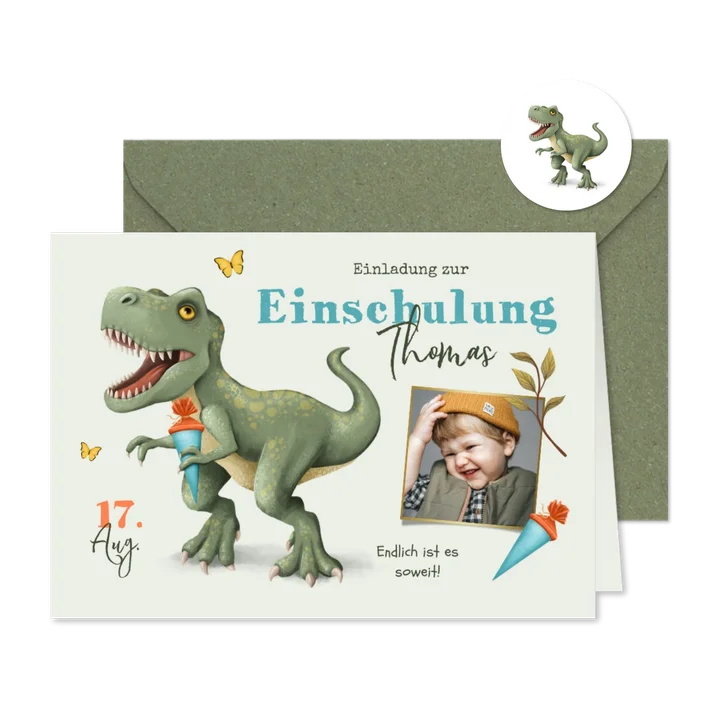 Einladung zur Einschulung mit Foto und T-Rex