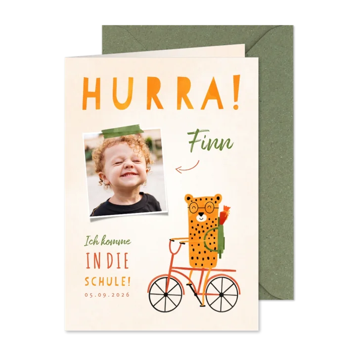 Einladung zur Einschulung rotes Rad mit Leopard