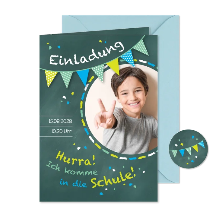 Einladung zur Einschulung Schultafel grünblau und Foto