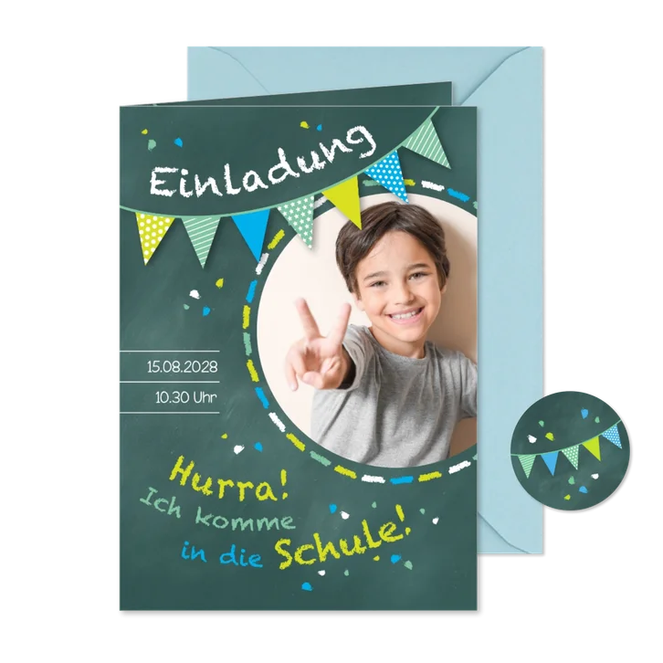 Einladung zur Einschulung Schultafel grünblau und Foto