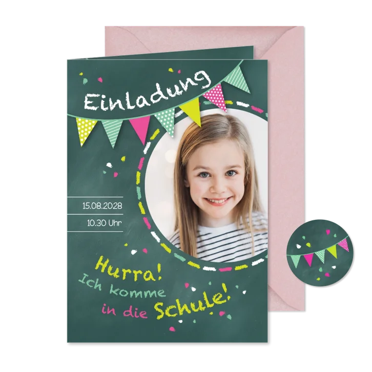 Einladung zur Einschulung Schultafel grünrosa und Foto