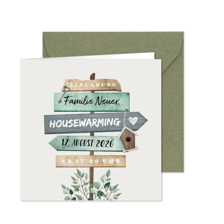 Einladung zur Einweihung mit Wegweiser Holz