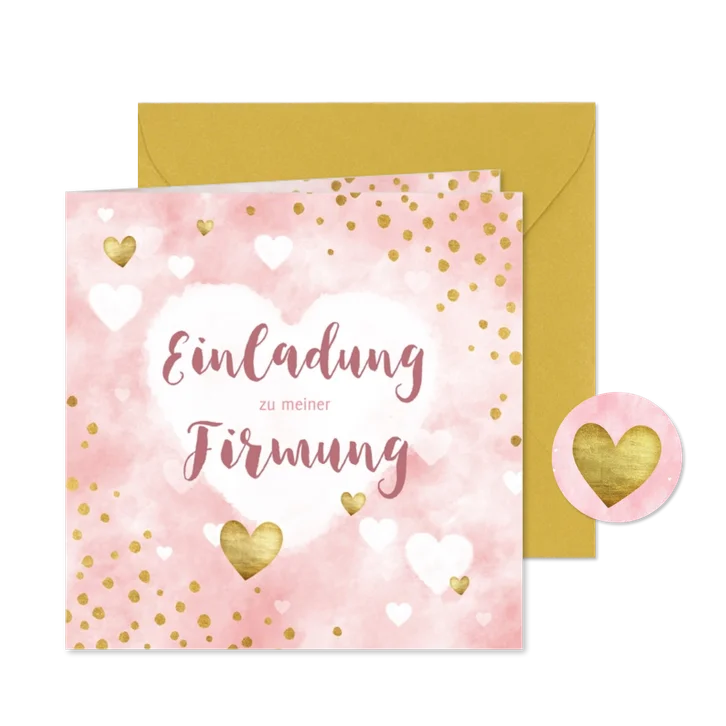 Einladung zur Firmung Wasserfarbe, Herzen & Konfetti