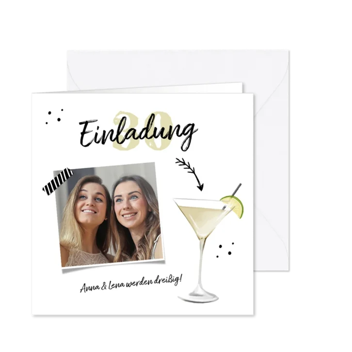 Einladung zur Geburtstagsparty Foto und Cocktailglas
