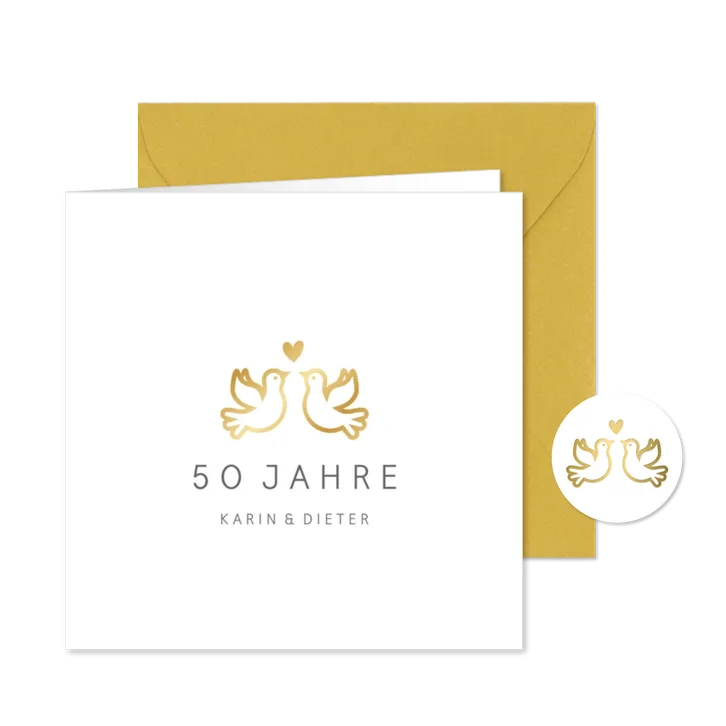Einladung zur goldenen Hochzeit mit Tauben gold