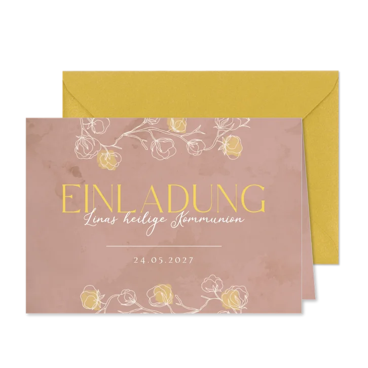 Einladung zur heiligen Kommunion mit Rosen und Klecksen