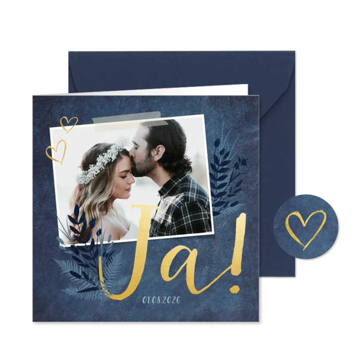 Einladung zur Hochzeit dunkelblau mit Foto und Pflanzen