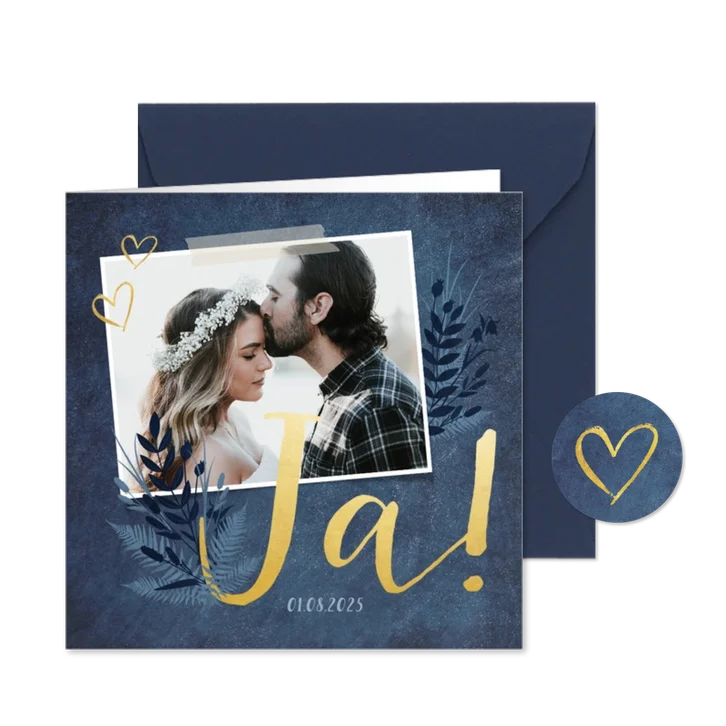 Einladung zur Hochzeit dunkelblau mit Foto und Pflanzen