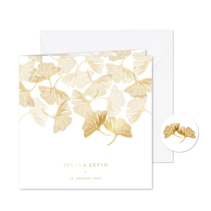 Einladung zur Hochzeit Ginkgoblätter Stempel