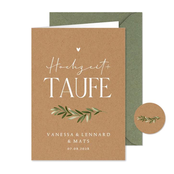 Einladung zur Hochzeit mit Taufe Zweig auf Kraftpapier