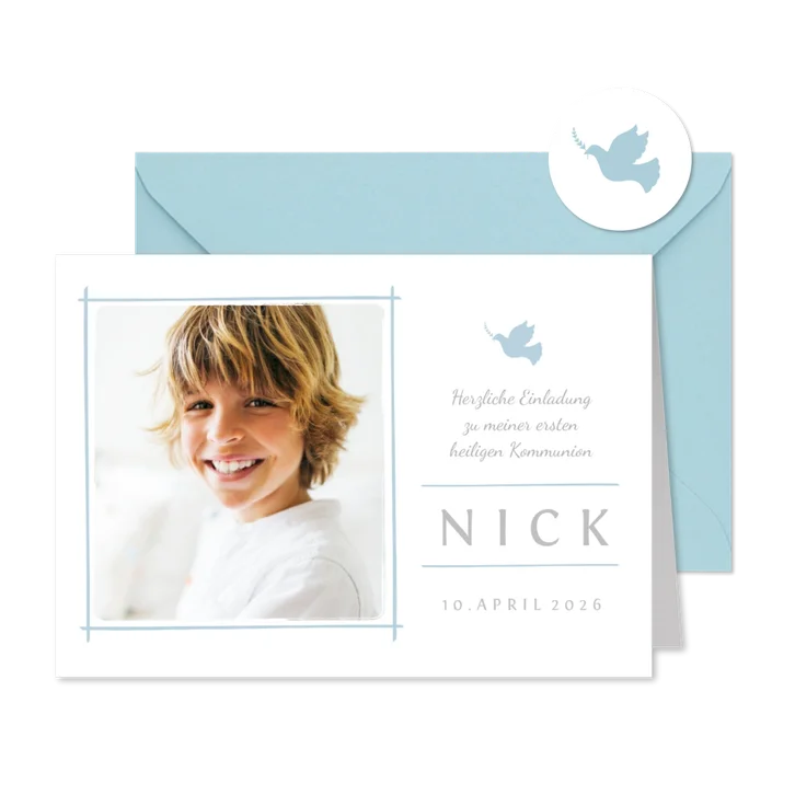 Einladung zur Kommunion blau schlichte Eleganz mit Foto