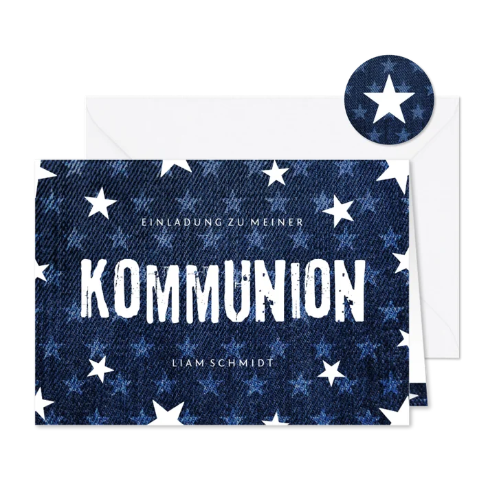 Einladung zur Kommunion Denim & Sterne Foto innen