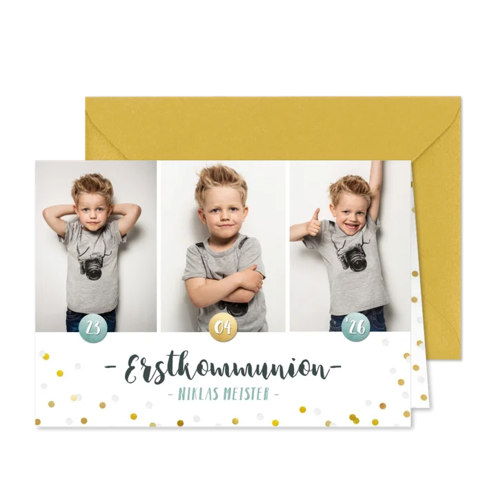 Einladung zur Kommunion Fotocollage & Konfetti blau