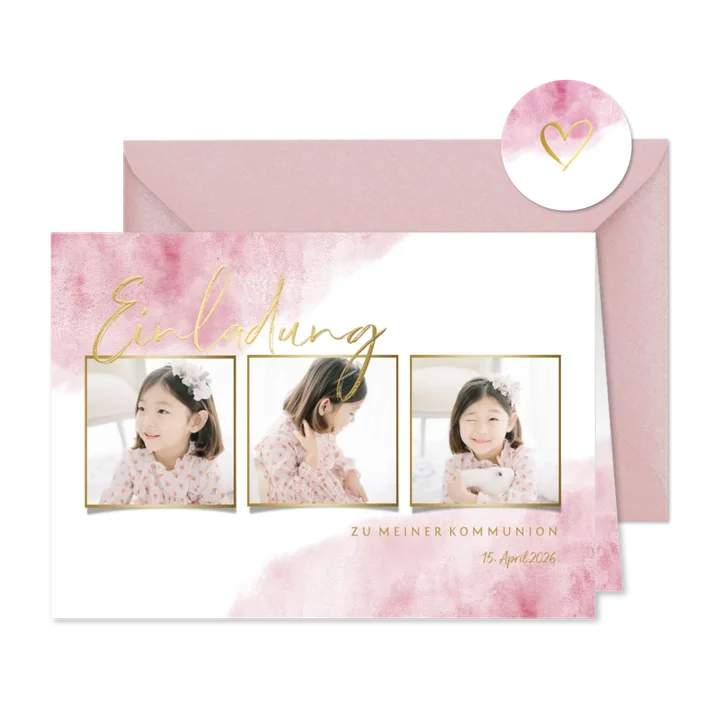 Einladung zur Kommunion Fotos, Goldlook & Wasserfarbe