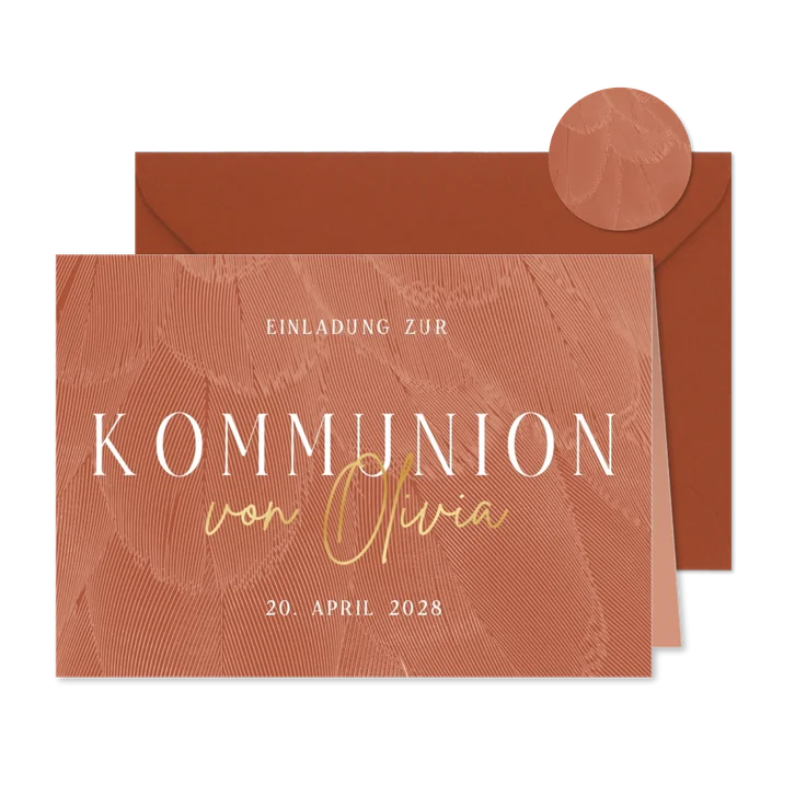 Einladung zur Kommunion Goldschrift auf Federn
