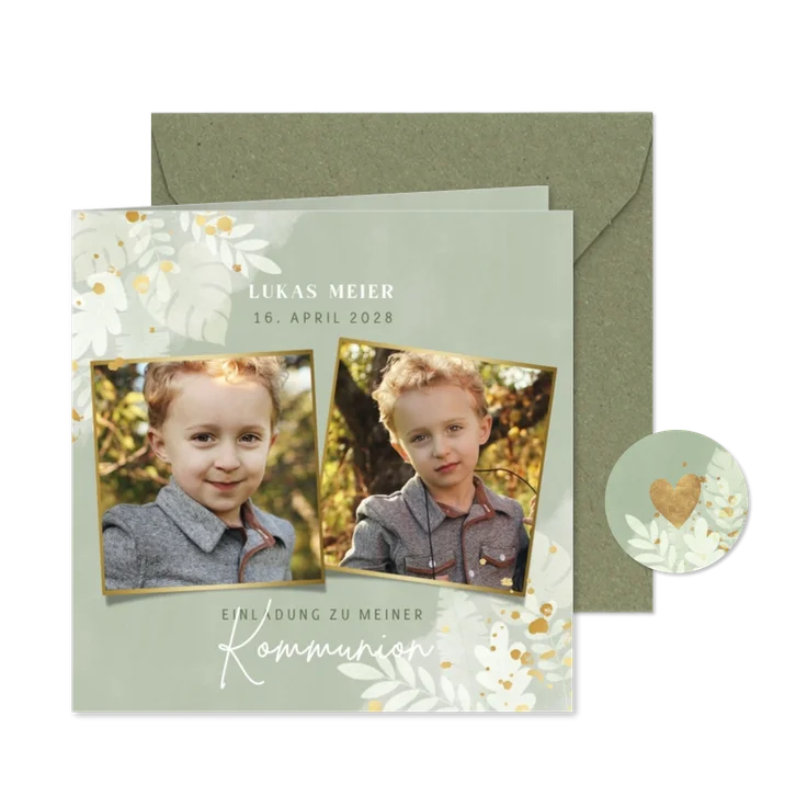 Einladung zur Kommunion mit Blättern, Fotos & Gold