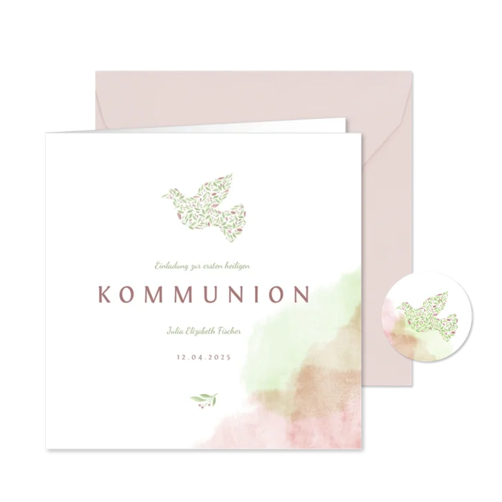 Einladung zur Kommunion mit Taube & Wasserfarbe