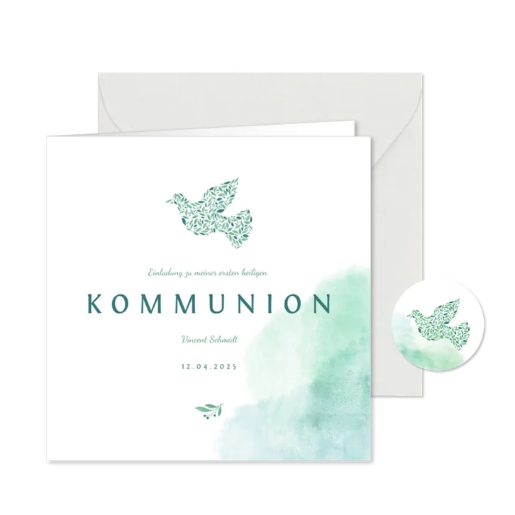 Einladung zur Kommunion Taube botanisch Wasserfarbe