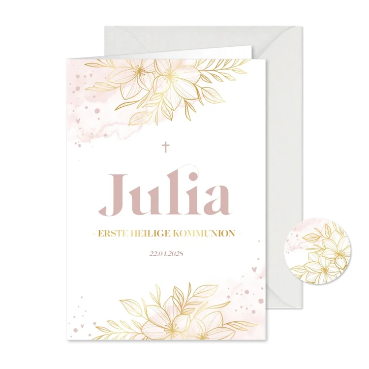 Einladung zur Kommunion Wasserfarben Blumen & Goldlook