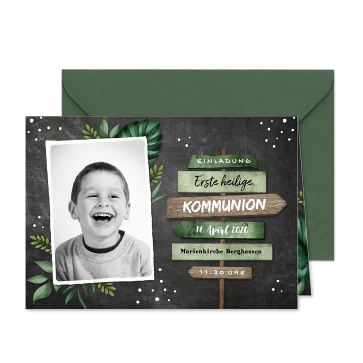 Einladung zur Kommunion Wegweiser & Foto Kreidetafel