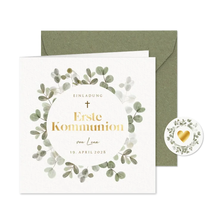 Einladung zur Kommunionsfeier Eukalyptuskranz & Goldlook