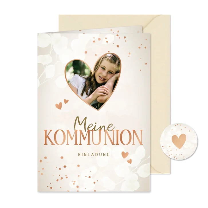 Einladung zur Kommunionsfeier Herzen, Eukalyptus & Fotos