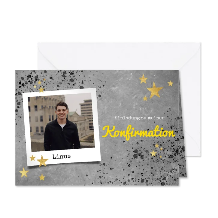 Einladung zur Konfirmation Betonlook, Foto und Sterne
