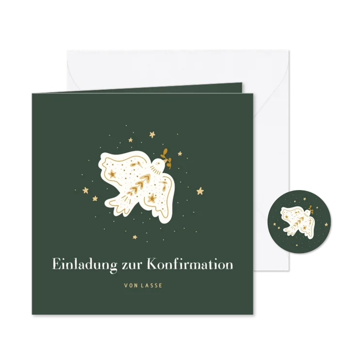 Einladung zur Konfirmation dunkelgrün mit Friedenstaube 