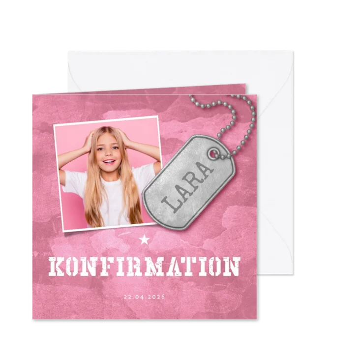 Einladung zur Konfirmation Foto Military rosa