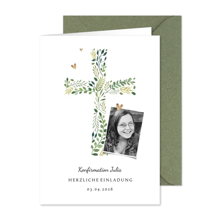 Einladung zur Konfirmation Foto und botanisches Kreuz