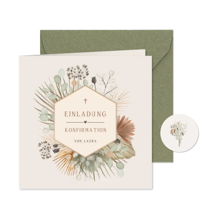 Einladung zur Konfirmation Gesteck aus Trockenblumen