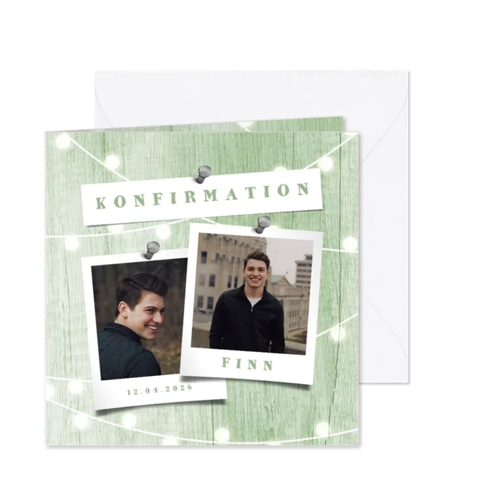 Einladung zur Konfirmation Holzlook und zwei Fotos