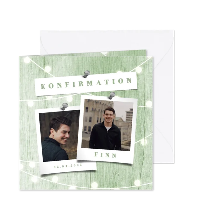 Einladung zur Konfirmation Holzlook und zwei Fotos