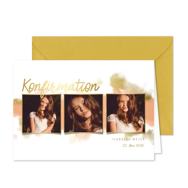 Einladung zur Konfirmationsfeier Fotocollage Goldlook