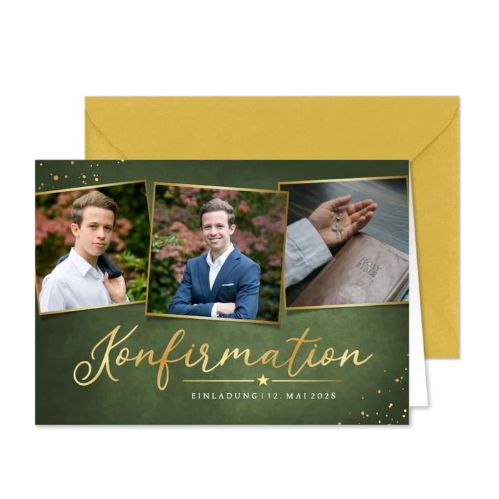 Einladung zur Konfirmationsfeier klassisch in Goldlook