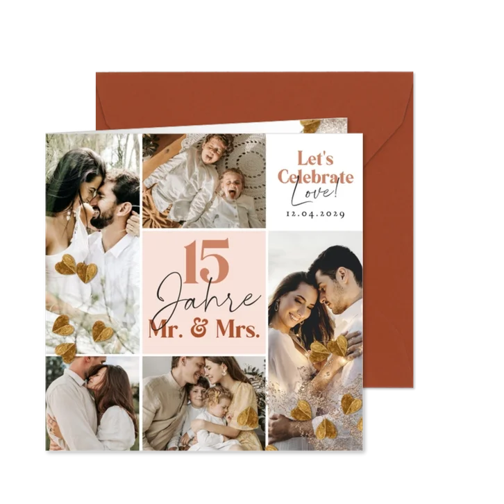 Einladung zur Kristallhochzeit Fotocollage Herzen